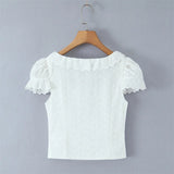 Sweet Lace Doll Collar Puff Sleeve Women's Shirt With Single Breasted Buttons Hollow Jacquard Slim-fit Pure Desire Elegant 6VN3