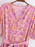 Foridol Single Breasted Bohemian Holiday Summer Women Dress Belt Casual Loose Maxi Floral Dress Short Sleeve Long Viscose Dress