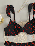 Cherry Printed Underwired V-bar Ruffled Bikini Women Swimwear Female Swimsuit Two-pieces Bikini Set Push Up Bathing Suit Swim