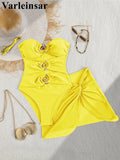 XS - L 6 Colors One Piece Swimsuit Female With Skirt Cut Out Women Swimwear Bandeau Metal Ring Bather Bathing Suit Swim V8108