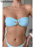New Metal Star Bandeau High Cut Thong Bikini Women Swimwear Female Swimsuit Two-Pieces Bikini Set Bather Bathing Suit Swim V6422
