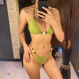 Sexy Shiny Halter High Leg Cut Bikini Women Swimwear Female Swimsuit Two-Pieces Bikini Set Padded Bather Bathing Suit Swim V6601