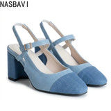 Women Denim Sandals French Style Modern Ladies Elegant 7cm Square Heel Single Single Shoes Summer Sandals Pumps Large Size 35-48