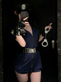 Sexy Cosplay Policewoman Midnight Uniform SM Zipper Bodysuits Solid Color Deep V Short Sleeved Wrap Hip Bodysuits Charming K0JQ