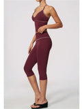 Summer Color Blocking Yoga Suit Women Tracksuit Hanging Neck V Neck Slim Sports Vest Tight Hip Lifting Capri Pants Fitness Sets