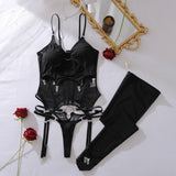 Toucheart Erotic Lingerie Heavy Industry Bundled Splicing Mesh Temptation Halter Neck Slimming Hot Underwear Set with Stockings