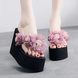 2025 New Beach Flip Flops For Women Summer Wedges Shoes Bohemian Flower Slippers Girls Sexy High Heels Street Platform Sandals