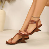 Vintage Square Toe Braided T-Strap Sandals Women Big Size 42 Sculptural Wedge Heel Ankle Wrap Summer Fashion Dress Sandals Shoes