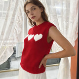 Women 2026 Sleeveless Crew Neck Pullover Fashion Daily Wear Top Cute Heart Print Pink Knitted Vest