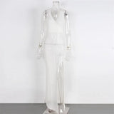 S - XL V Neck Slit Long Dress Sexy Mesh Backless Knitted Crochet Tunic Beach Cover Up Cover-ups Beach Dress Beachwear V3767B