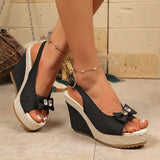 Retro Denim Wedge Heeled Sandals Women Plus Size 43 Bowknot Chunky Platform Sandalias Mujer Back Strap Thick Sole Summer Sandles