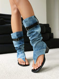 2025 Brand Plus Size 48 Trendy Denim Blue Gladiator Sandals Women Chic Black Chunky Heels  Fashion Comfy Walk Summer Boot Shoes