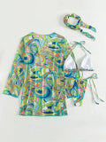 4 PCS Printed With Cover Up Hairband Bikini Female Swimsuit Women Swimwear Four-pieces Bikini set Bather Bathing Suit Swim Lady