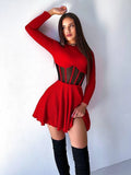 Ahagaga Fashion Solid Women's Mini Dresses A-Line Knitted Sheer Slim Fit Long Sleeves Bodycon O-Neck Party Streetwear Vestidos