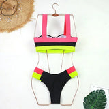 Sexy Bikini Women Swimwear Swimsuit Push Up Leopard Block Color Patchwork Double Bandages High Waist Bikinis Set Bathing Suit