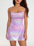 Women Sleeveless Backless Party Club Dress Solid Color Shiny Spaghetti Strap Mini Dress for Cocktail Nightclub Beach