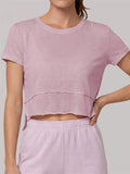 Quick Drying Pink Black Yoga T Shirts Women Short Sleeve O Neck Loose Fitness Tops Outdoor Lightweight Ruffles Short T-shirts