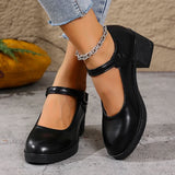 Plus Size 42 Black Thick Heels Pumps Women Classic Pu Leather Platform Mary Jane Shoes Woman Ankle Buckle Office High Heel Shoes