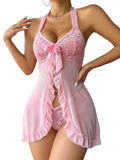 Women Lace See through Slips Sexy Lingerie Dress Underwear Erotic Babydolls with Thongs Ruffles & Bow Decor Set