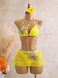 Sexy Black 3D Flower Holiday Bikini Set 2026 Women Drawstring Side Knitted Cover Up 3 Piece Swimsuit Beach Bathing Suit Swimwear