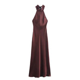 Foridol Halter Satin Dress Women Sexy Backless Burgundy summer spring Dress Elegant Maxi Long Party Dress Christmas Vestidos