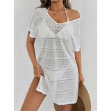 S - XL V Neck Short Sleeve Hollow Out Knitted Tunic Beach Cover Up Cover-ups Beach Dress Beach Wear Beachwear Female Women V8214