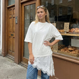 Women 3/4 Length Sleeve Crew Neck Casual Loose Fit Long Tops Summer Lace Patchwork Hem Solid Color T Shirts