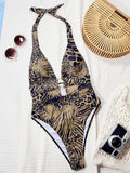 Tiger Printed Halter Deep V Neck One Piece Swimsuit Women Swimwear Female Backless Monokini High Cut Bathing Suit Swim Bodysuit