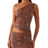 Women's Summer Beaded Sequin Flower Tank Tops Solid Stylish Sparkly Glitter Off One Shoulder Slim Vest Streetwear