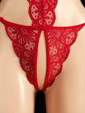 Women’s Floral Lace Bodysuit Lingerie, Red Sheer Mesh Teddy with Bowknot Straps, Front Cutout Thong Sleepwear for Anniversary