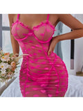 Toucheart Heart Mesh Frill Trim Underwire Sexy Lingerie Dress Thong For Women Lace Mesh Patchwork Halter Sexy Lingerie Dress New