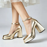 Big Size 32-46 Elegant Gold Metallic Platform High Heels Women Shoes Square Toe Ankle Strap Chunky Heel Party Wedding Pumps