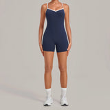 New Tight One-piece Yoga Suit Women Color Contrast Splicing Hollow Back Cross Sports Jumpsuit Outwear Slimming Fitness Bodysuits
