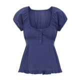 Summer Women Short Sleeve T-shirt Solid Color Low-necked Pleated Hem Casual Tops Y2K Retro Shirts