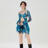 Women 3 Piece Sets Long Sleeve Shrug + Halter Tank Top + Irregular Pleated Skirts Y2K Aesthetic Gothic Sexy Streetwear