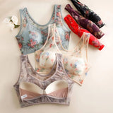 Women Bra Mesh Thin Floral Print Mid-aged Wide Shoulder Strap Wireless Anti-snagging Push Up Seamless Mother Bra