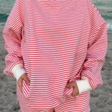 Striped Print Suits for Women Casual Loose Fit Stylish Crew Neck Long Sleeve Tops and Shorts Fall 2 Pcs Set