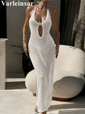 Halter Hollow Out Backless Crochet Knitted Tunic Beachwear Beach Dress Beach Wear Female Beach Cover Up Cover-ups Women V7504
