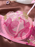 Coquette Aesthetic Pink Lingerie Set Floral Embroidery Lace Bra Set with Bow Details Sexy Sheer Mesh Teddy ZA825296