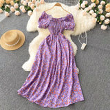 2025 Summer French Vintage Floral Dress Fashion Elegant High-Waisted Drawstring Vestidos Printed Fresh And Sweet Long Dresses