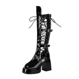 Plus Size Women Black Patent Matte Leather Lace Up Knee High Boots Peep Toe Platform Block Heel Back Zip Gothic Y2K Party Heels