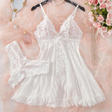 Sexy Lingerie Sleep Dress Women Nightdress Lace Sleepwear Solid Slim Soft V Neck Full Slip Dresses & Panties Set