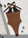 sexy front cross hollow swimsuit one piece solid halter tie bikinis thong swimwear bodysuits women biquini bathing suits 7 color