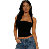 Women Fashion Summer Tank Tops Halter Neck Sleeveless Solid Color/Striped Print Slim Fit Vest