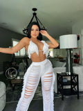 DEKAWomen Tassel Pants Knitted Bra Top Bikini Set Swimsuit Handemade Crochet Bikini Cover Up Tassel Beach Long Wrap Pant