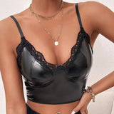 Womens Black Faux Leather Lace Trim Cami Tops Spaghetti Strap V Neck Bustier Crop Top Shiny Wet Look Camisole Sexy Nightclub Top