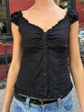 Women's Button Down Tops Fashion Cap Sleeve Solid Color Slim Fit Frill T-Shirts Summer Blouses