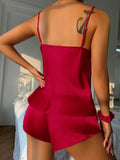 Summer Satin Silk Pajamas Set for Women Sleepwear Deep V Neck Cami Top and Elastic Waistband Shorts Homewear Loungewear
