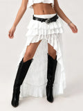 Summer Women Flower Lace Long Skirt Elastic High Waist Layered Ruffle Irregular Skirt Streetwear