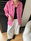 Women White Linen Blend Button Down Shirt Turn Down Collar Chest Pocket Loose Fit Blouse For Summer And Vacation Outfit KY7U